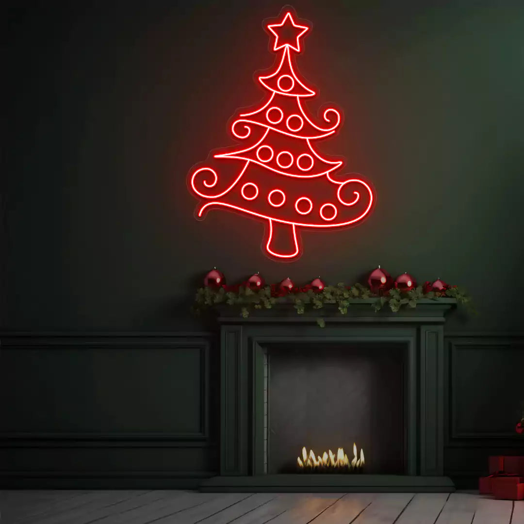 Whimsical Swirl Christmas Tree Neon Sign | Red