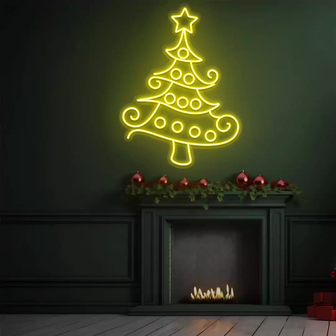 Whimsical Swirl Christmas Tree Neon Sign | Yellow