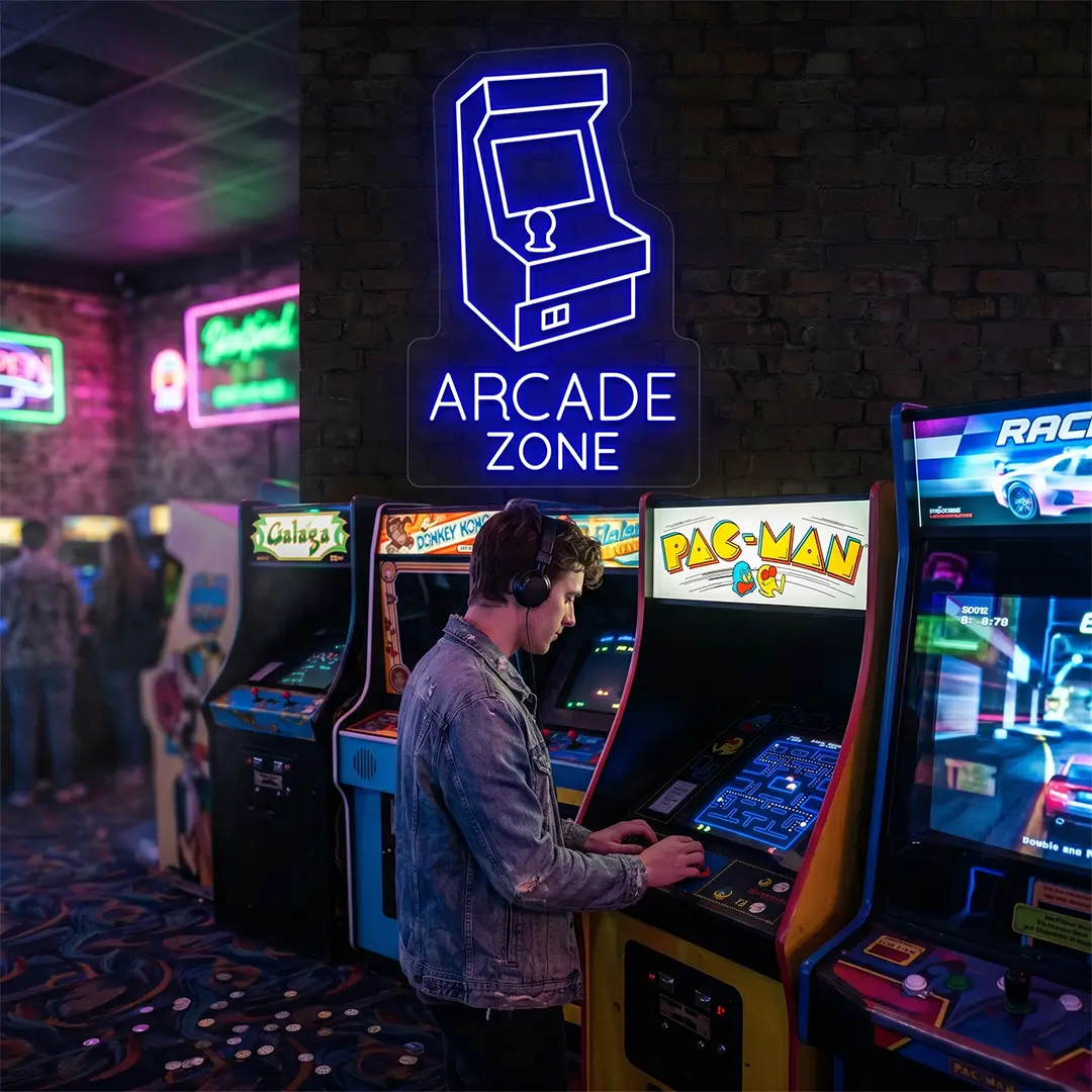 blue nostalgic arcade zone vintage neon sign mounted on a wall