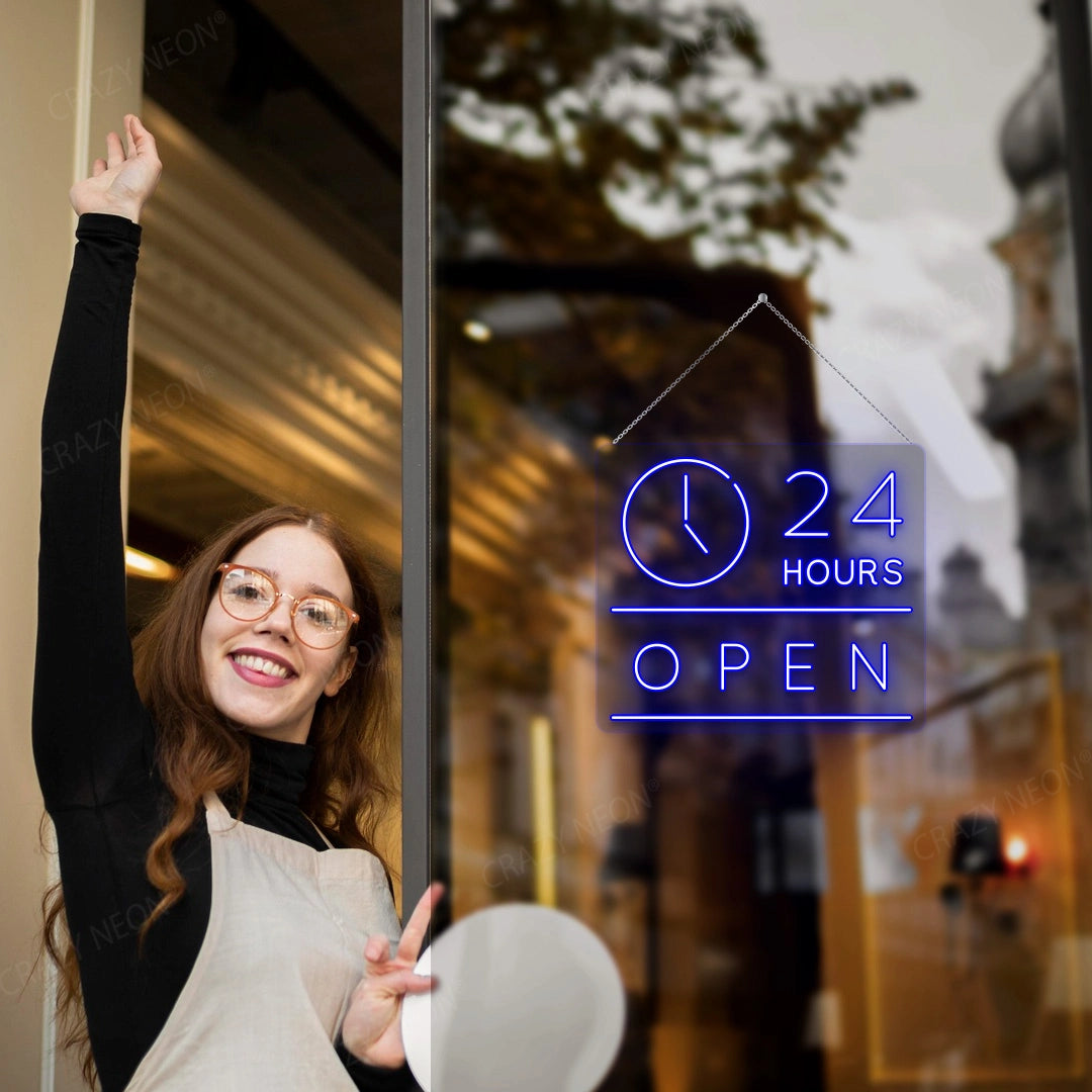 24 Hours Open Sign with Clock | Blue