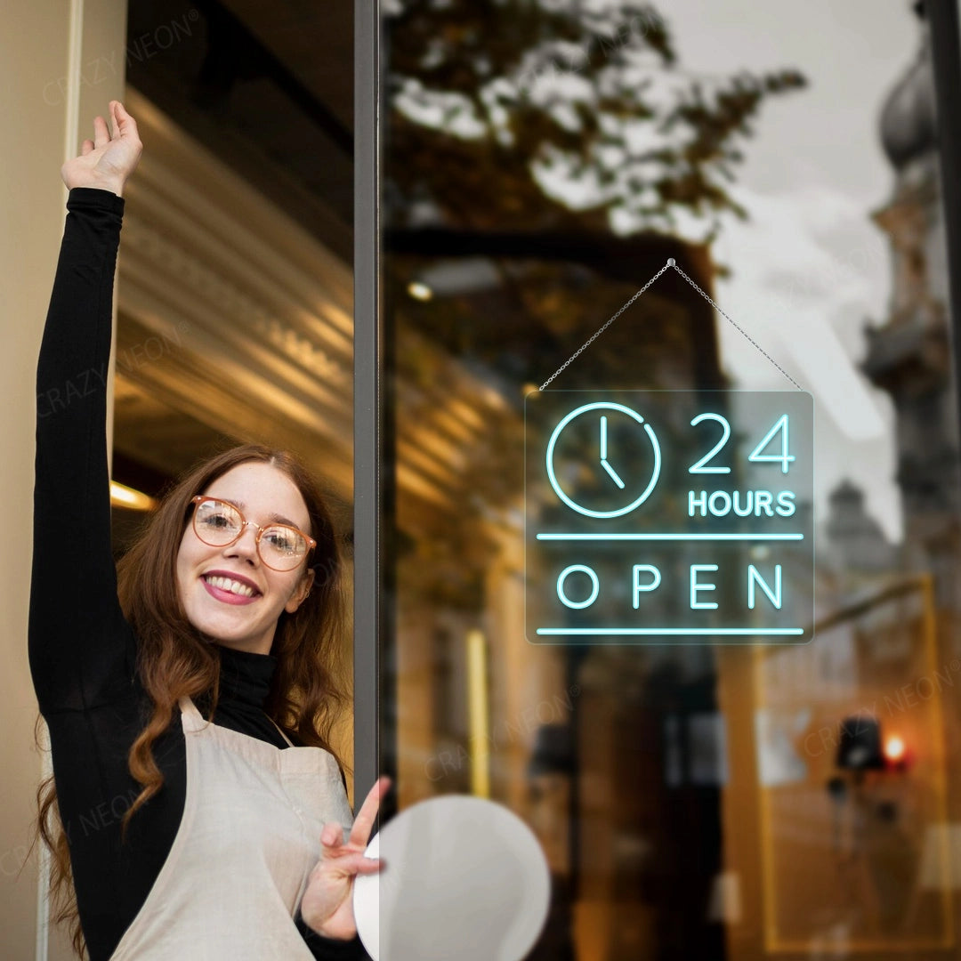 24 Hours Open Sign with Clock | Iceblue