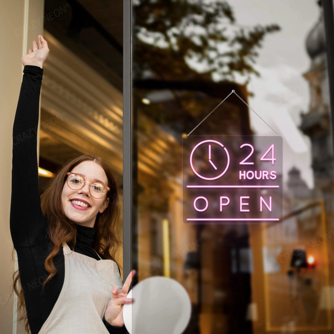 24 Hours Open Sign with Clock | Pink