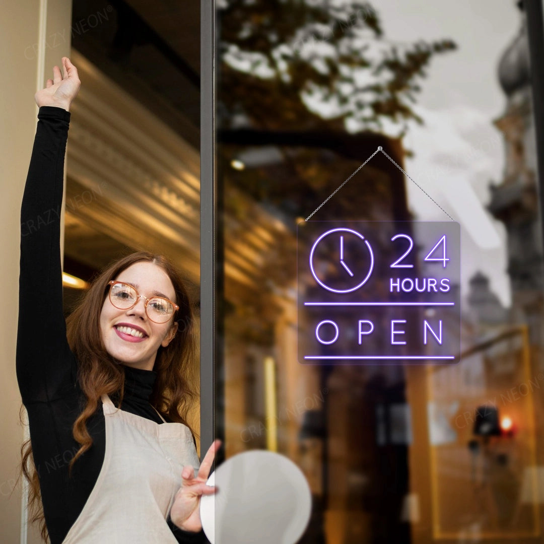 24 Hours Open Sign with Clock | Purple