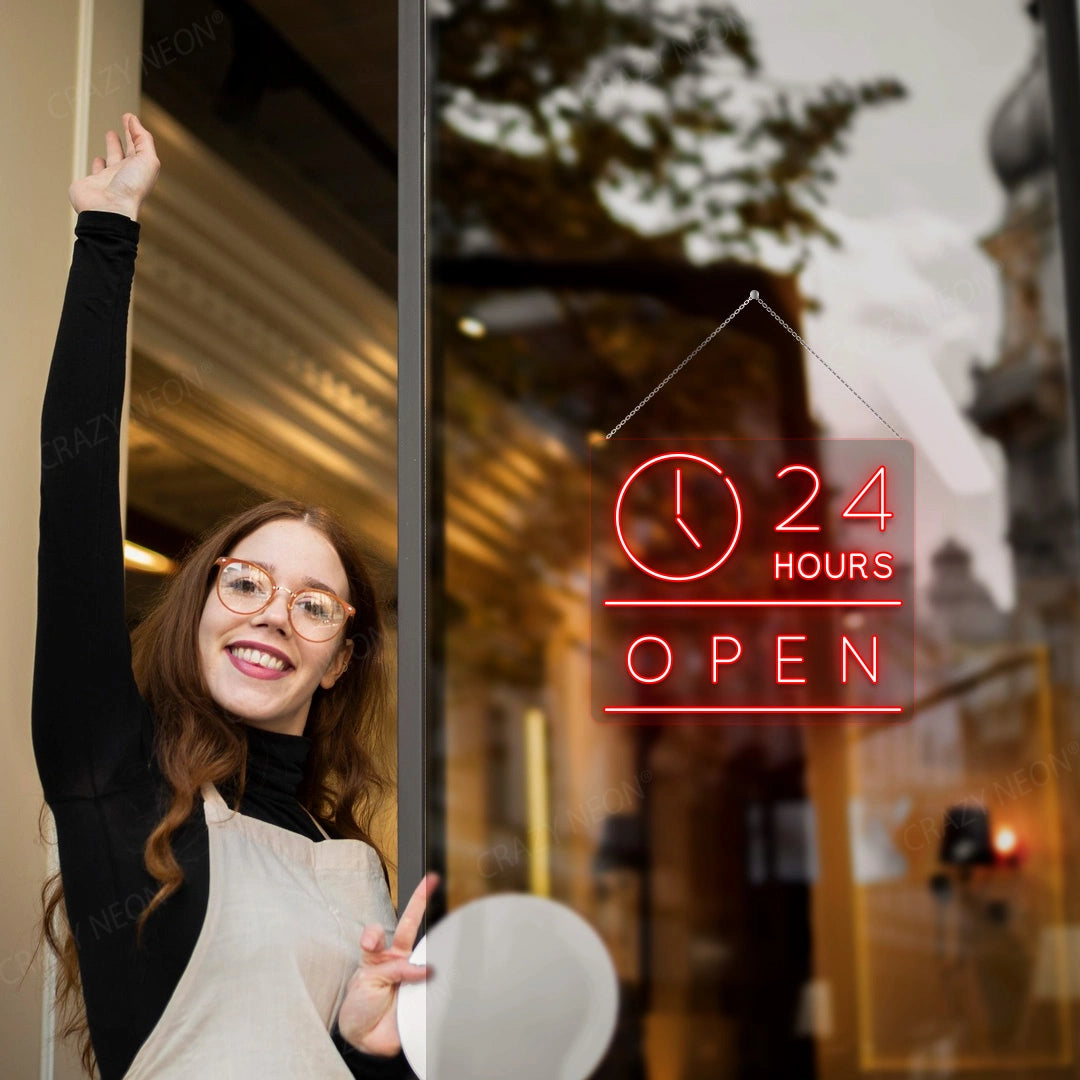 24 Hours Open Sign with Clock | Red