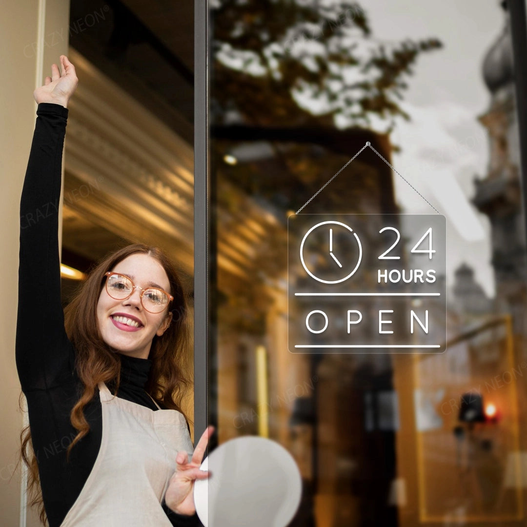 24 Hours Open Sign with Clock | White