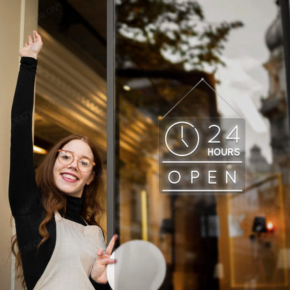 24 Hours Open Sign with Clock | White