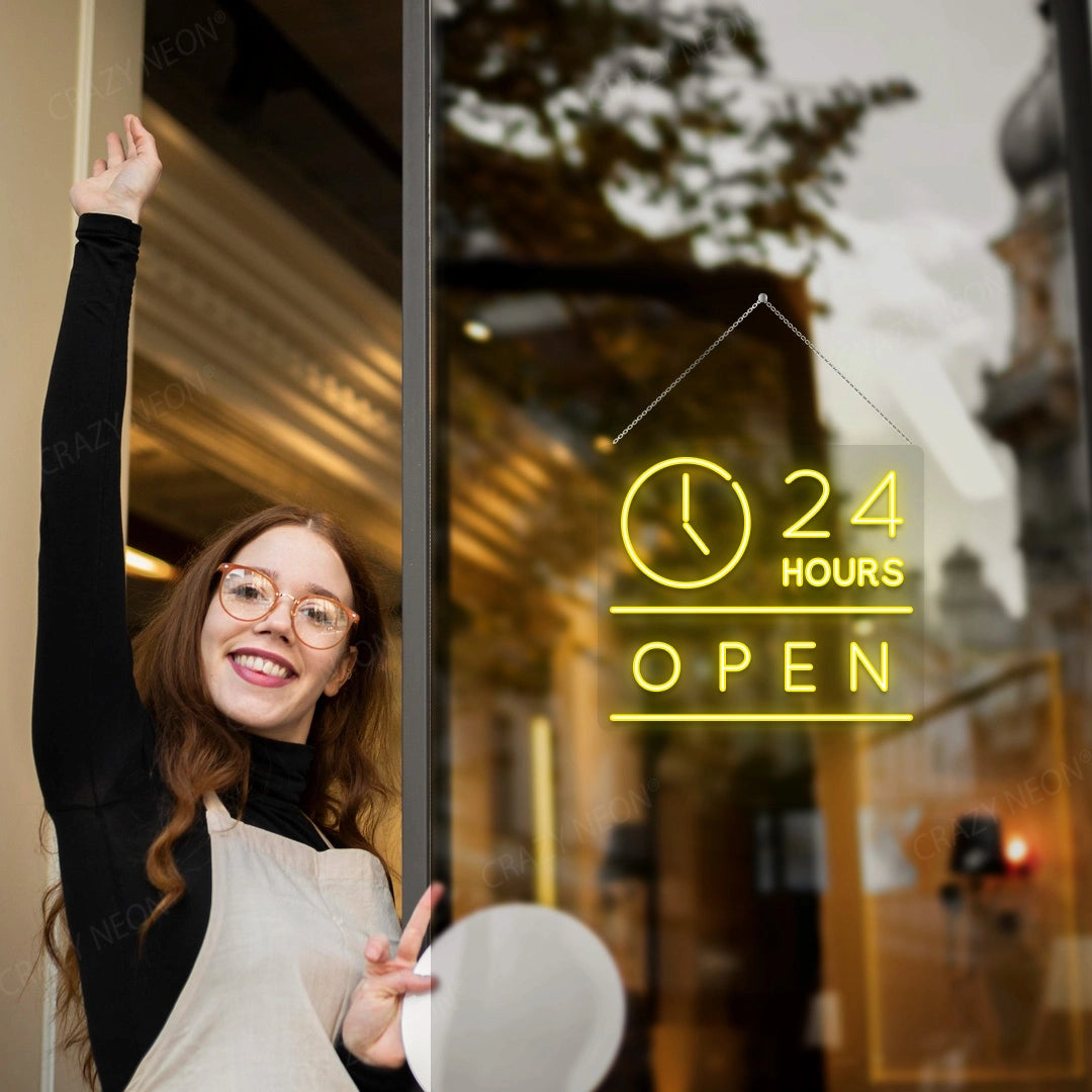 24 Hours Open Sign with Clock | Yellow