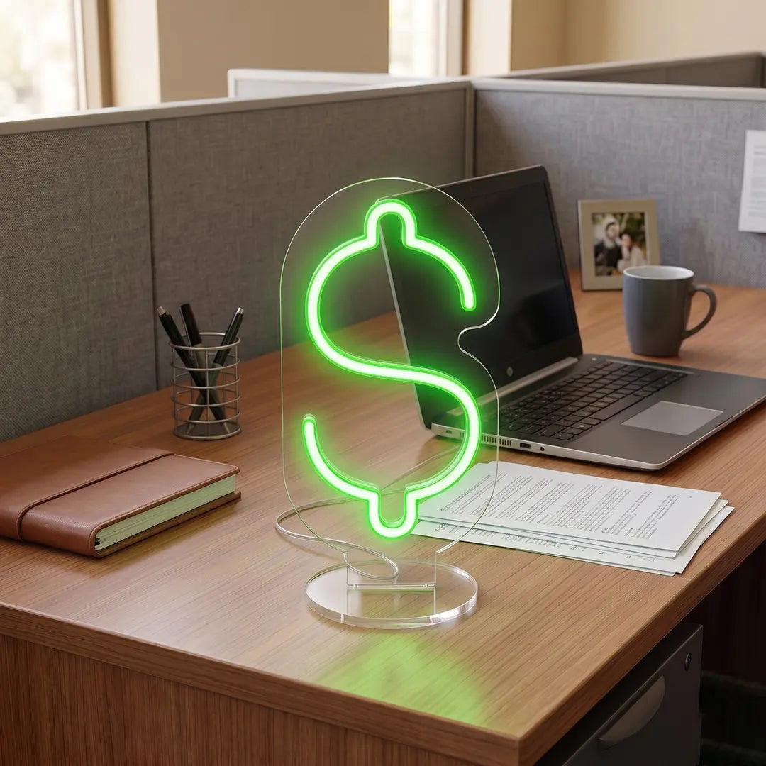 Green Color Dollar sign neon lamp glowing on a modern office desk beside a laptop, notebook, and workspace essentials in a professional office setting.
