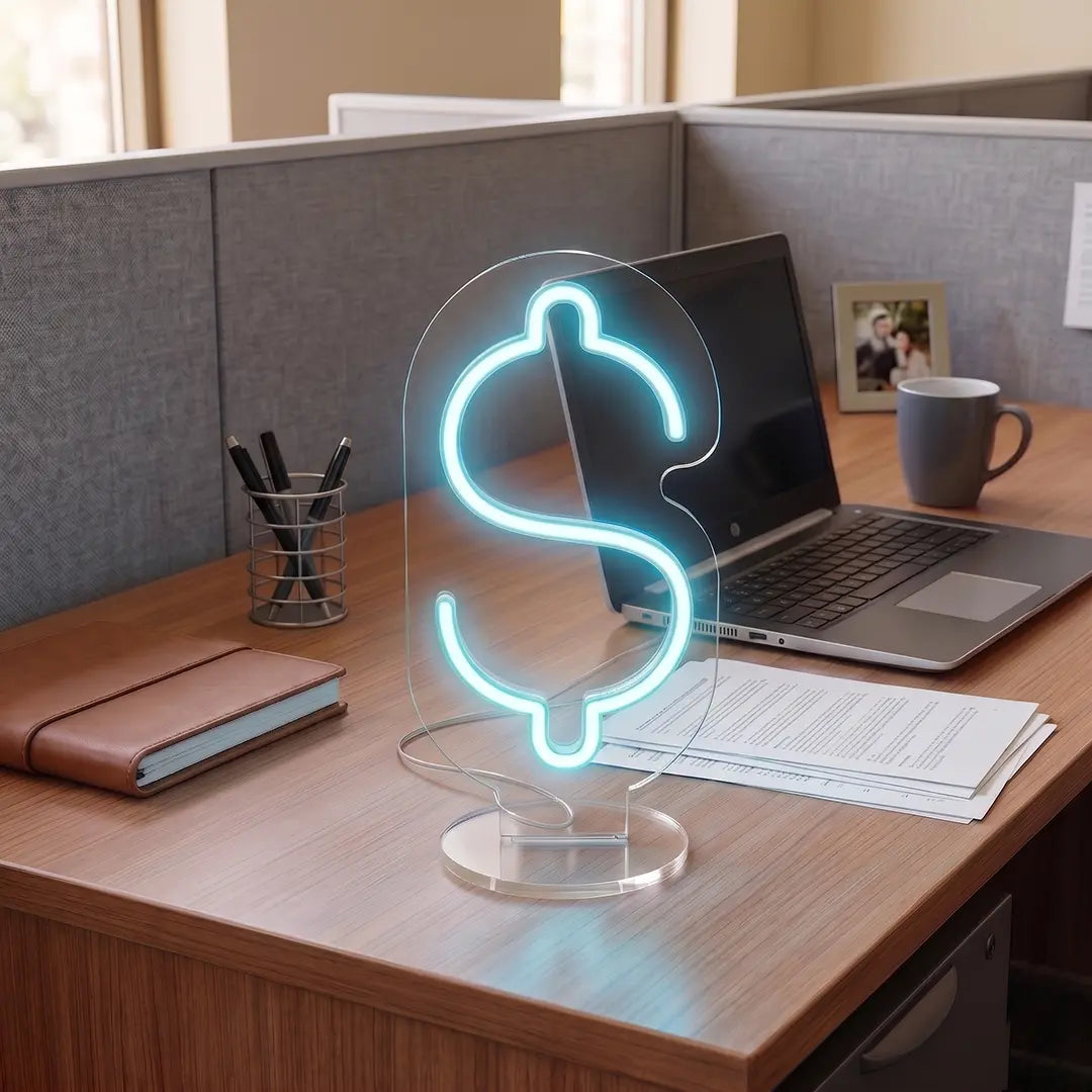 Ice Blue color Dollar sign neon lamp glowing on a modern office desk beside a laptop, notebook, and workspace essentials in a professional office setting.