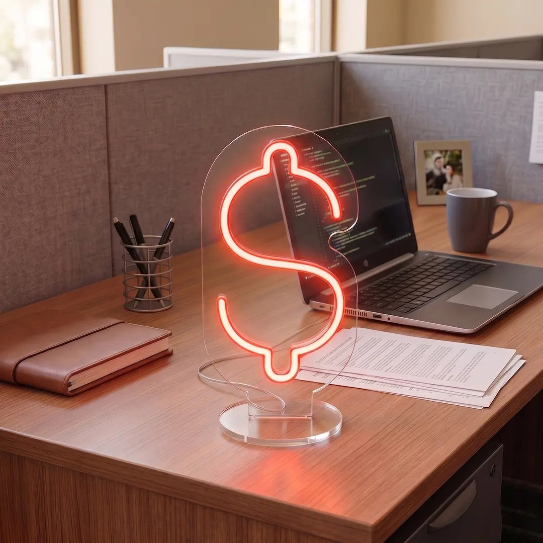 Red Color Dollar sign neon lamp glowing on a modern office desk beside a laptop, notebook, and workspace essentials in a professional office setting.