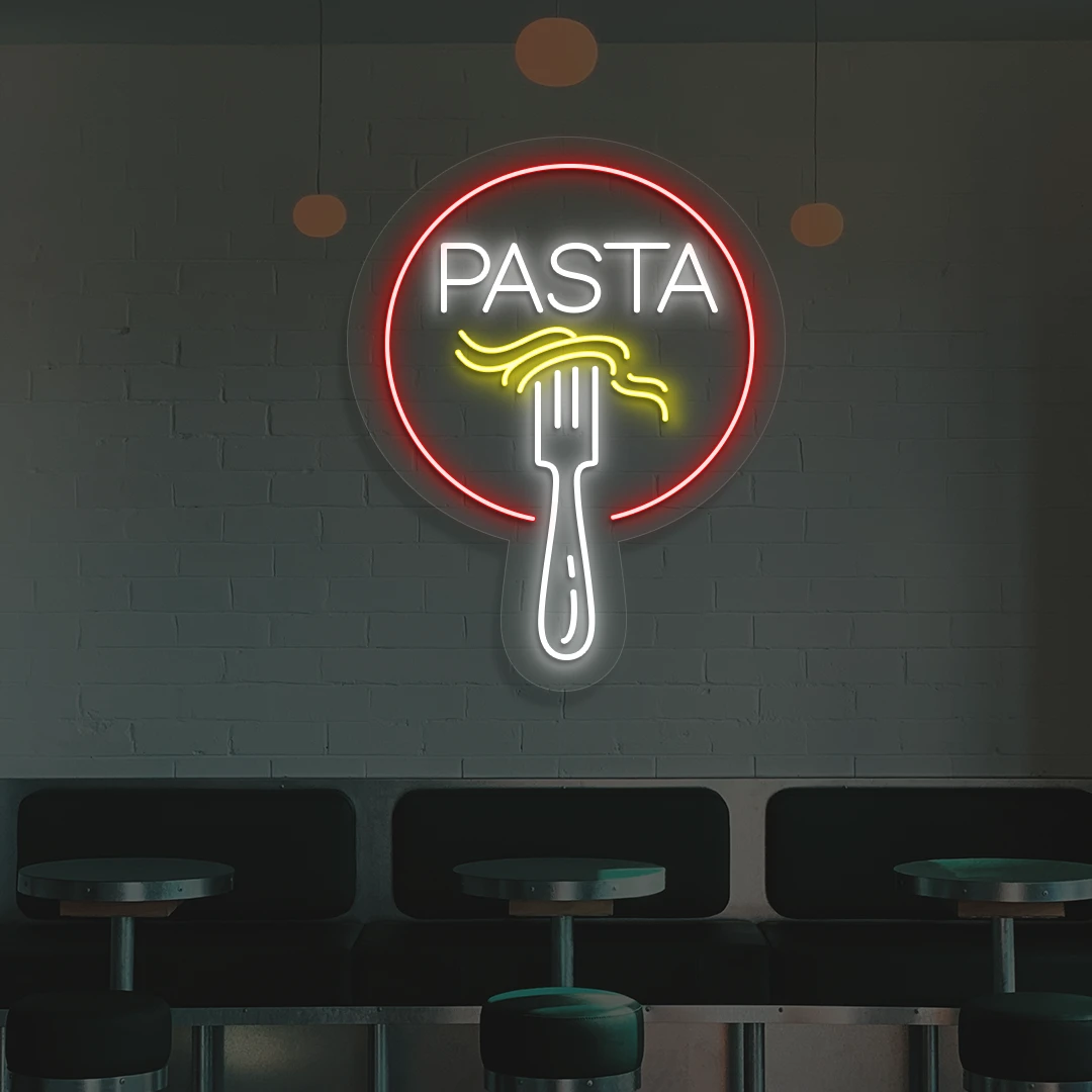 white yellow and red fork and pasta neon sign mounted on a wall