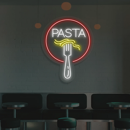 white yellow and red fork and pasta neon sign mounted on a wall