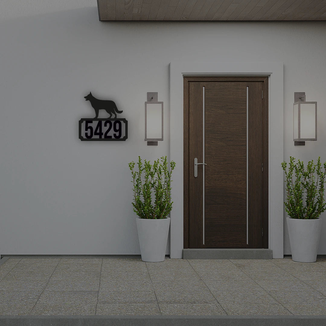 German Shepherd House Number Plate Custom Metal Monogram in Black Color