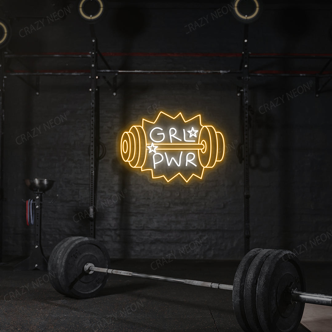 orange and white grl pwr gym neon sign mounted on a wall