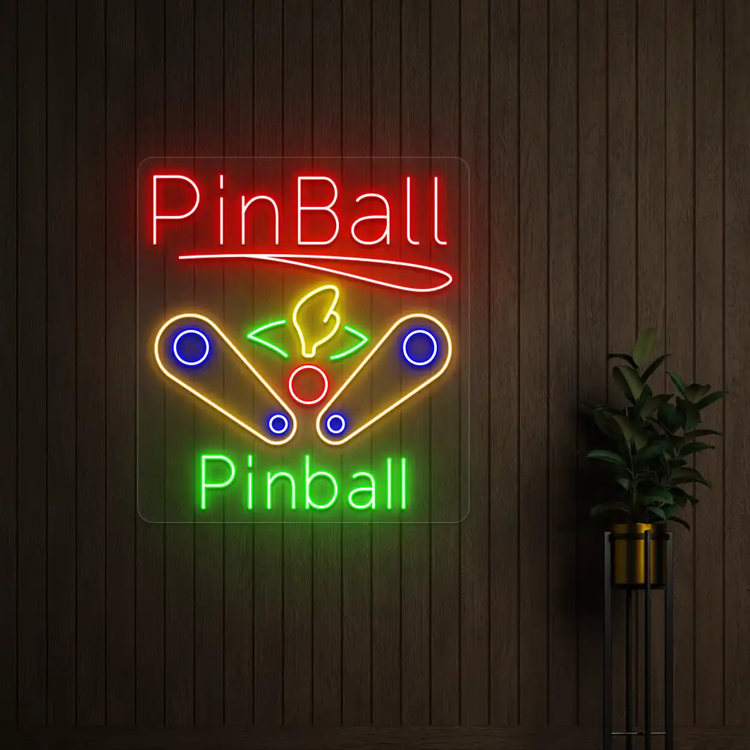 Multi color pinball wizard vintage neon sign mounted on a wall