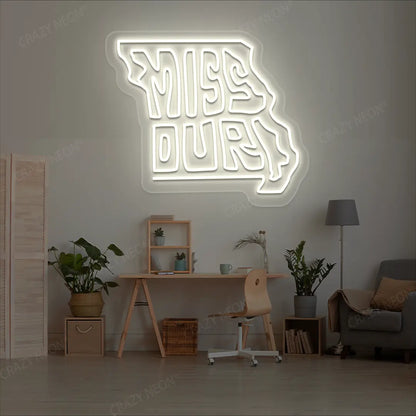 MISSOURI Map Neon Sign lighting up in warmwhite color in a room
