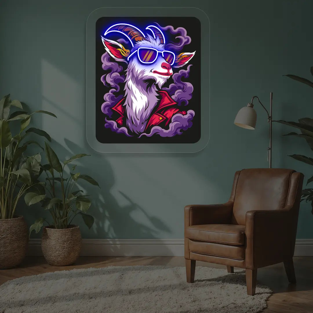 Stylish Goat with Sunglasses Neon Artwork in Blue color