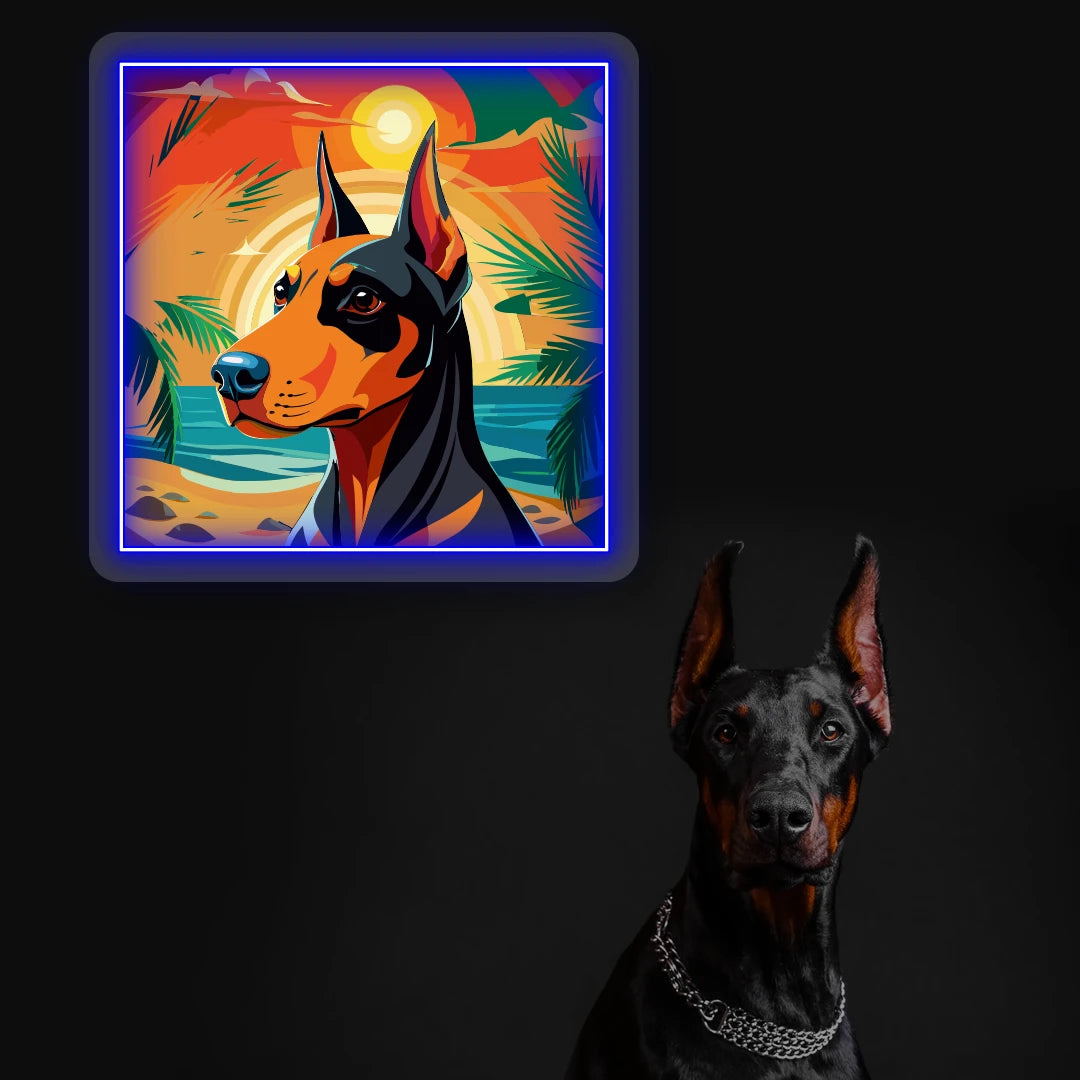 Tropical Sunset Doberman Neon Artwork in Blue Color