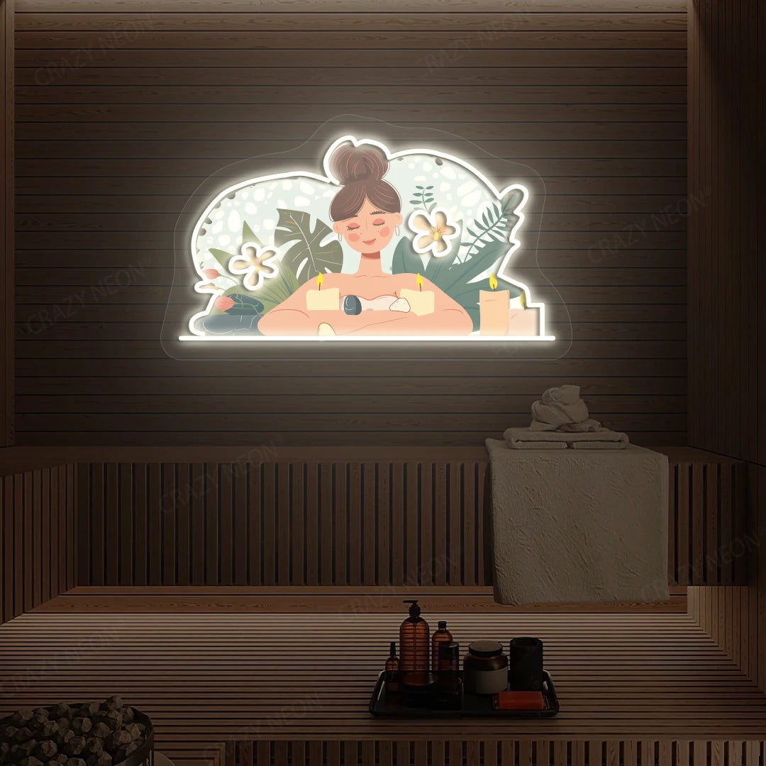 Aromatherapy Relaxation Neon Artwork lighting up in warm white color on a wooden spa wall