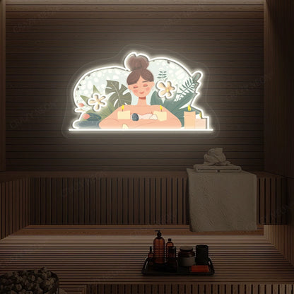 Aromatherapy Relaxation Neon Artwork lighting up in warm white color on a wooden spa wall