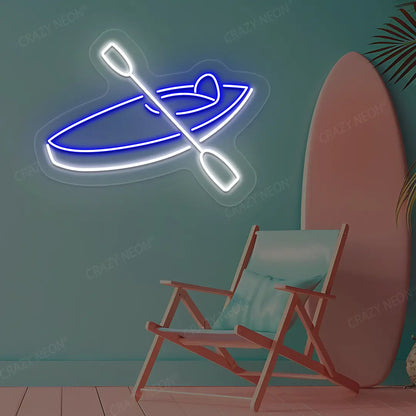 blue and white boat paddle neon sign mounted on a wall