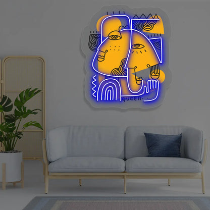 blue golden muse abstract Neon Artwork Sign mounted on a wall