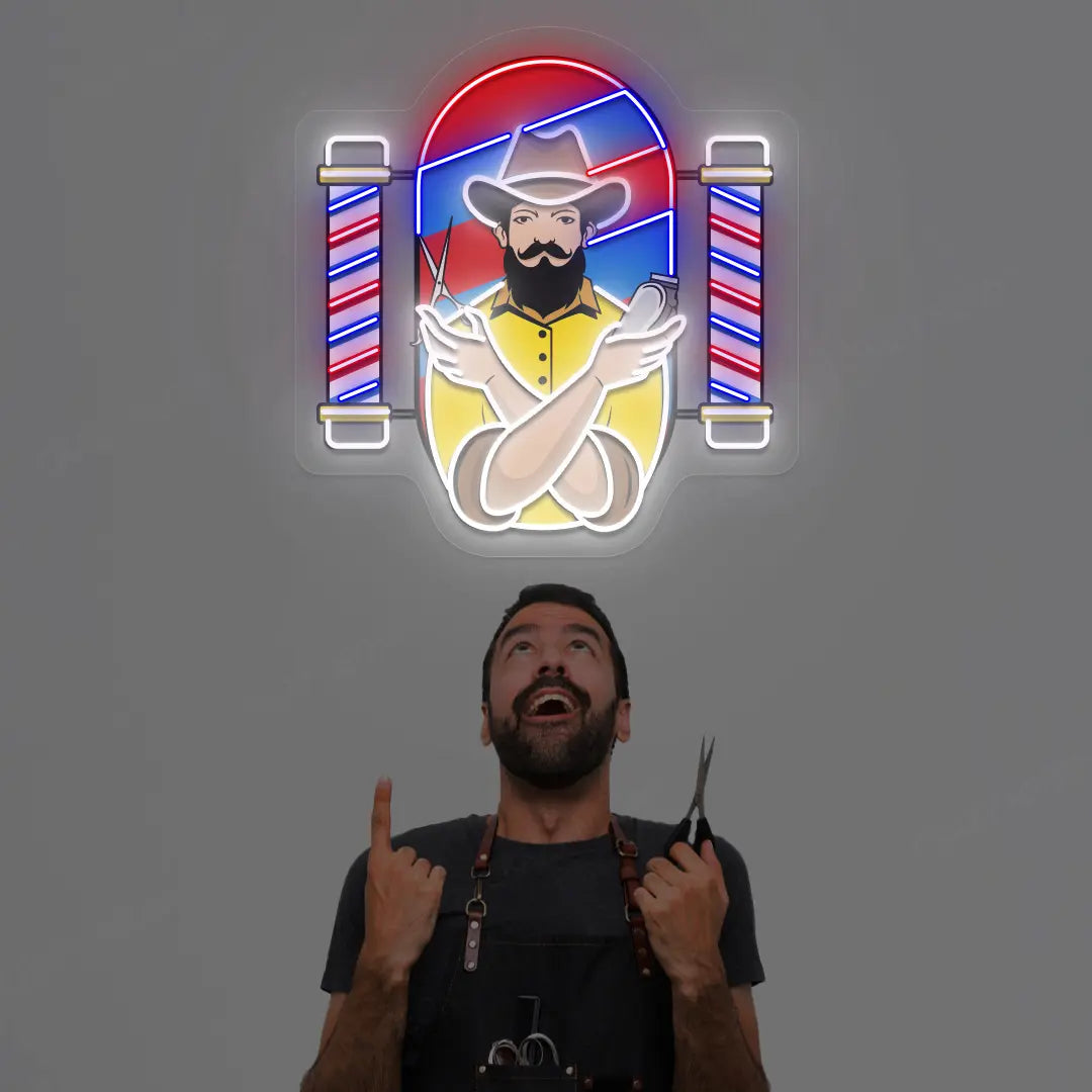 Barber Men Neon Artwork in white color