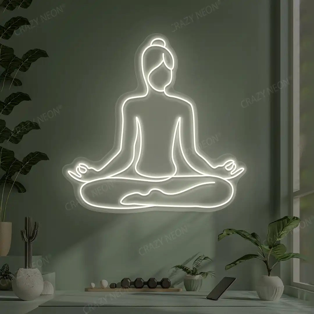 Swastikasana Contour Yoga Neon Sign lighting up in warm white color in a yoga room