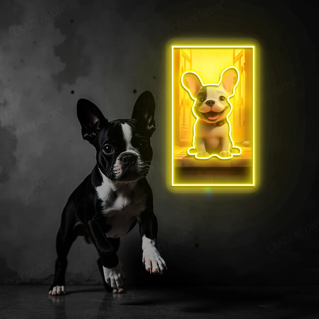  Happy French Bulldog Neon Artwork in Yellow color