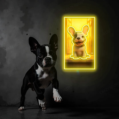  Happy French Bulldog Neon Artwork in Yellow color