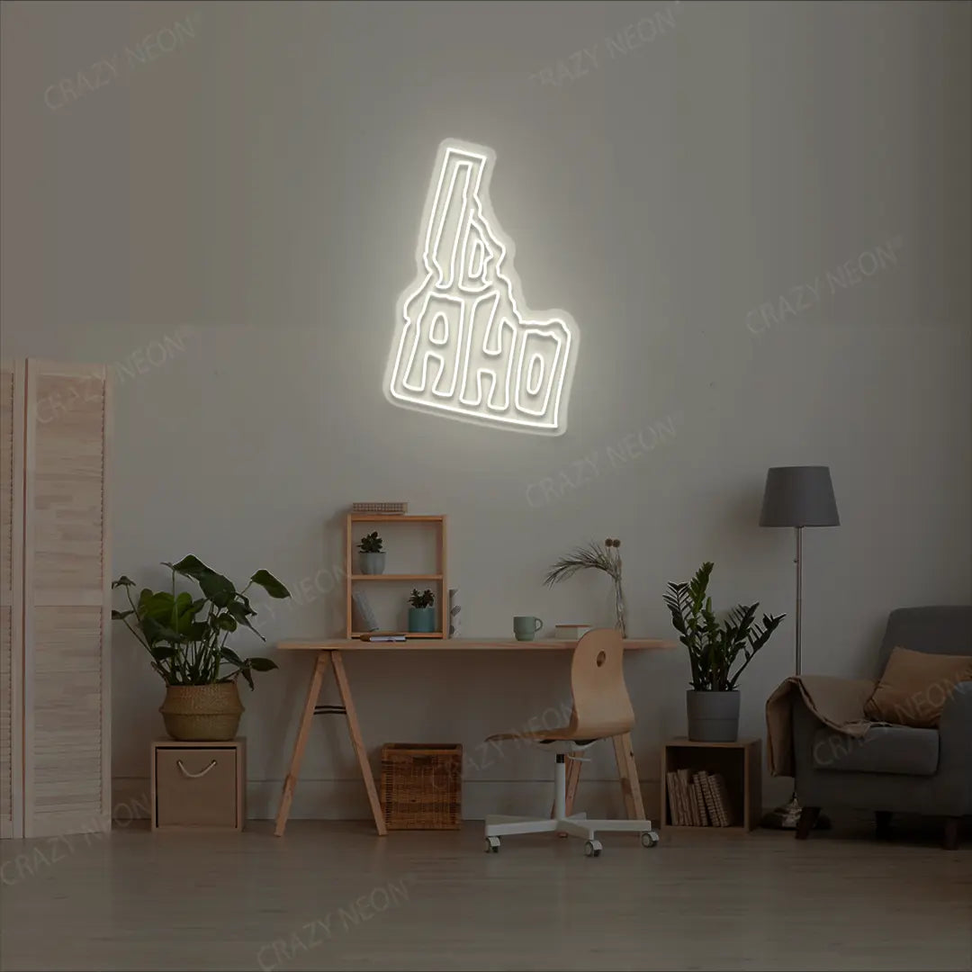 IDAHO Map Neon Sign lighting up in warmwhite color in a room