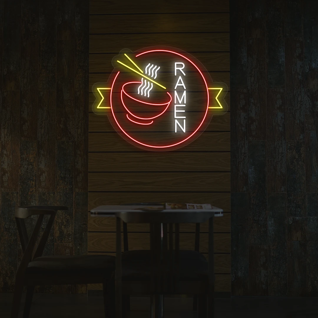 white red and yellow classic ramen neon sign mounted on a wall