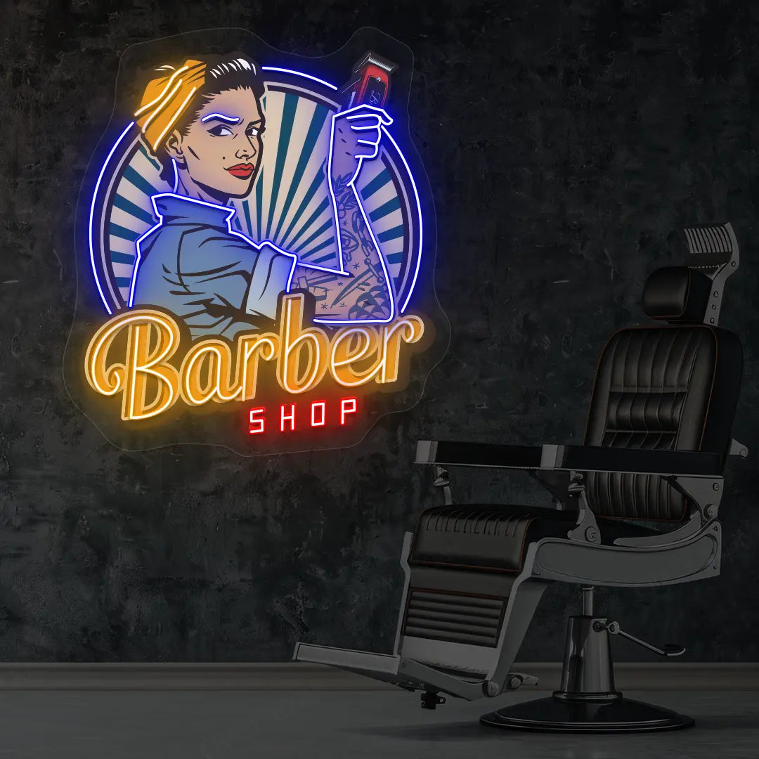 Women Barber Shop Neon Artwork in Blue Colour Mounted on Wall 