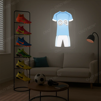 Light blue football jersey neon artwork with number 09 glowing on a beige wall