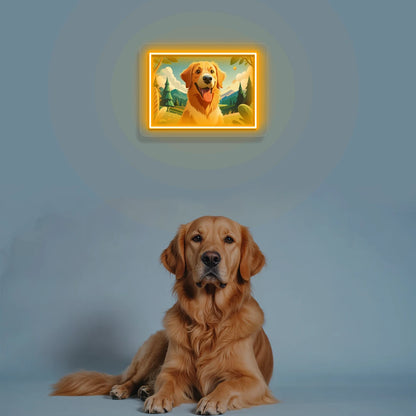 Mountain Trail Golden Retriever Portrait Neon Artwork in orange color