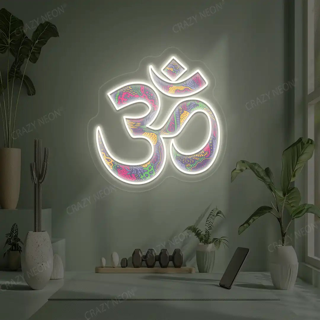 Psychedelic OM Neon Artwork lighting up in warm white color in a yoga room