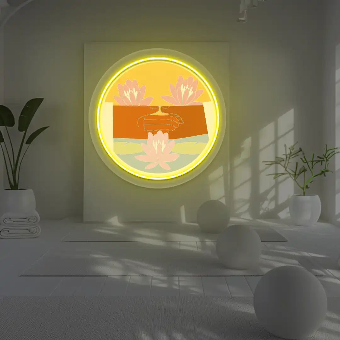 Dhyana Mudra Lotus Neon Artwork lighting up in yellow color in a yoga room