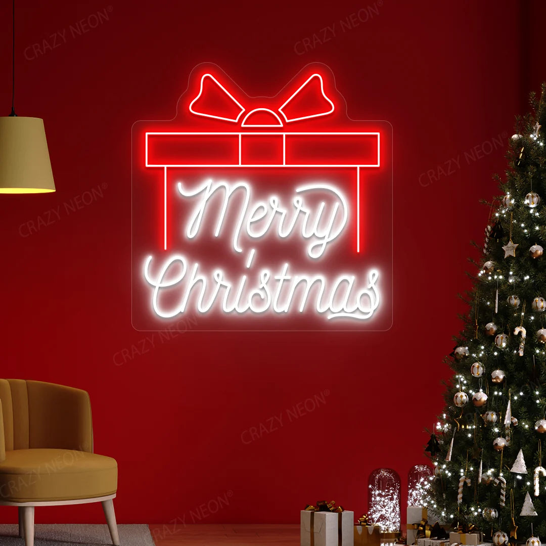 Merry Christmas Gift Box Neon Sign | White