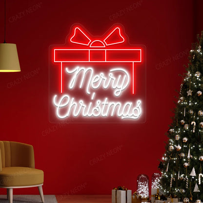 Merry Christmas Gift Box Neon Sign | White