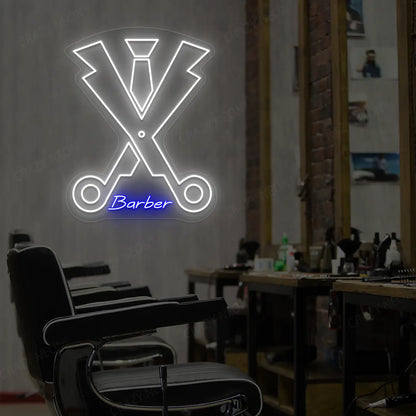 Dapper Barber Scissors Neon Sign in White and Blue Colour Mounted on wall