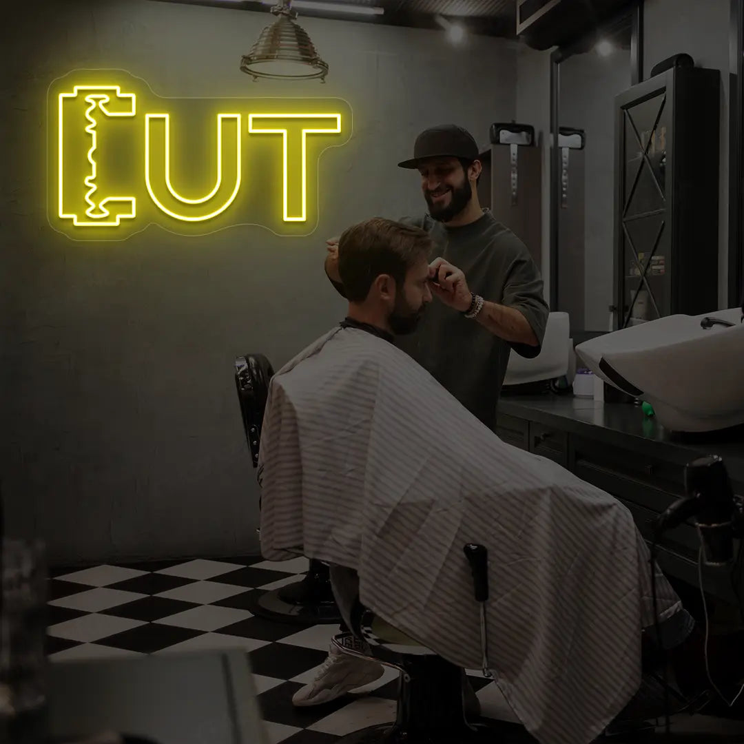 Cut Blade Barber Neon Sign in Yellow color