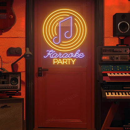 Karaoke Party Neon Sign in Purple and Orange Colour mounted on wall