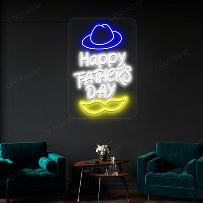 Happy Father's Day Neon Sign with Hat & Moustache | White