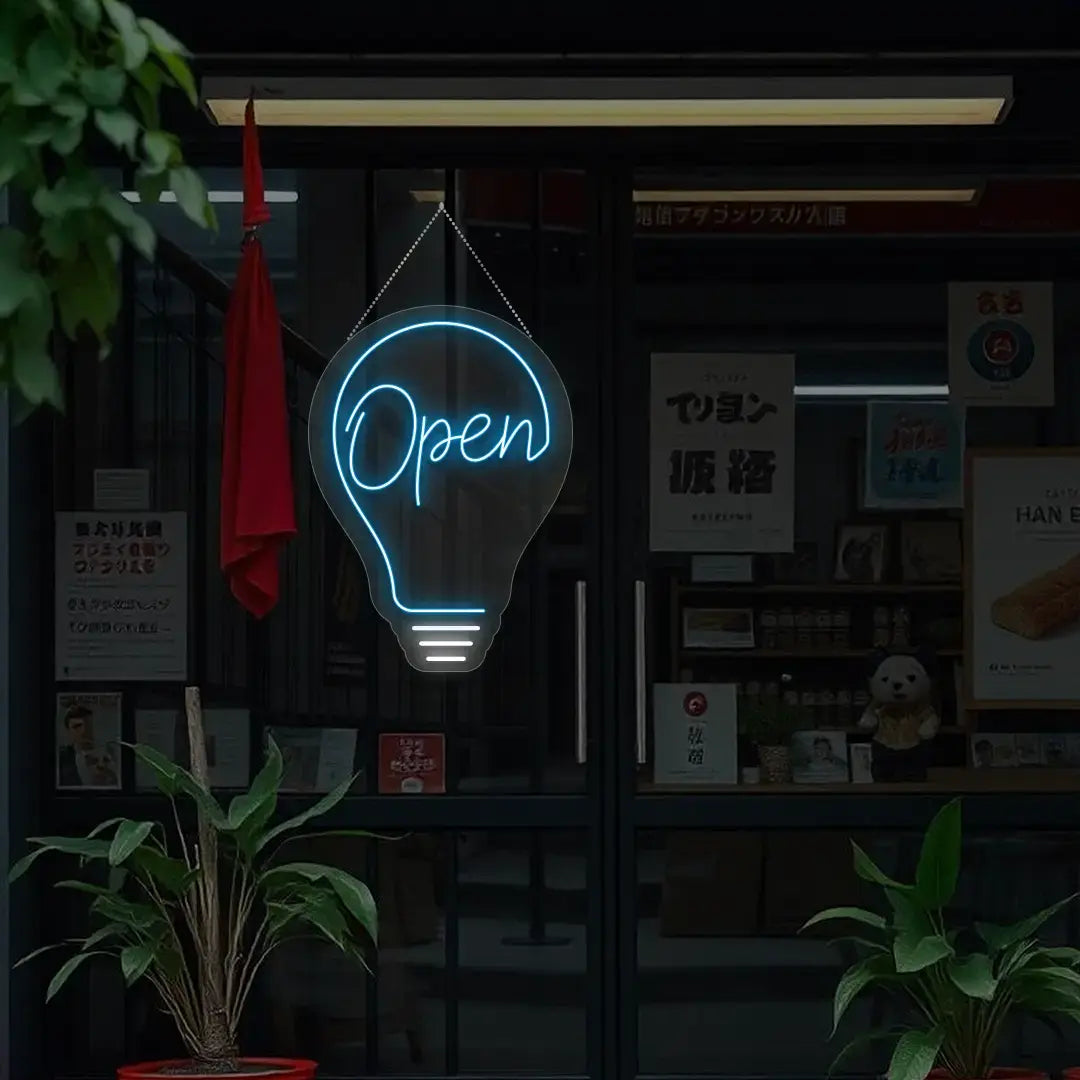 ice blue bulb open neon sign hanging on a window