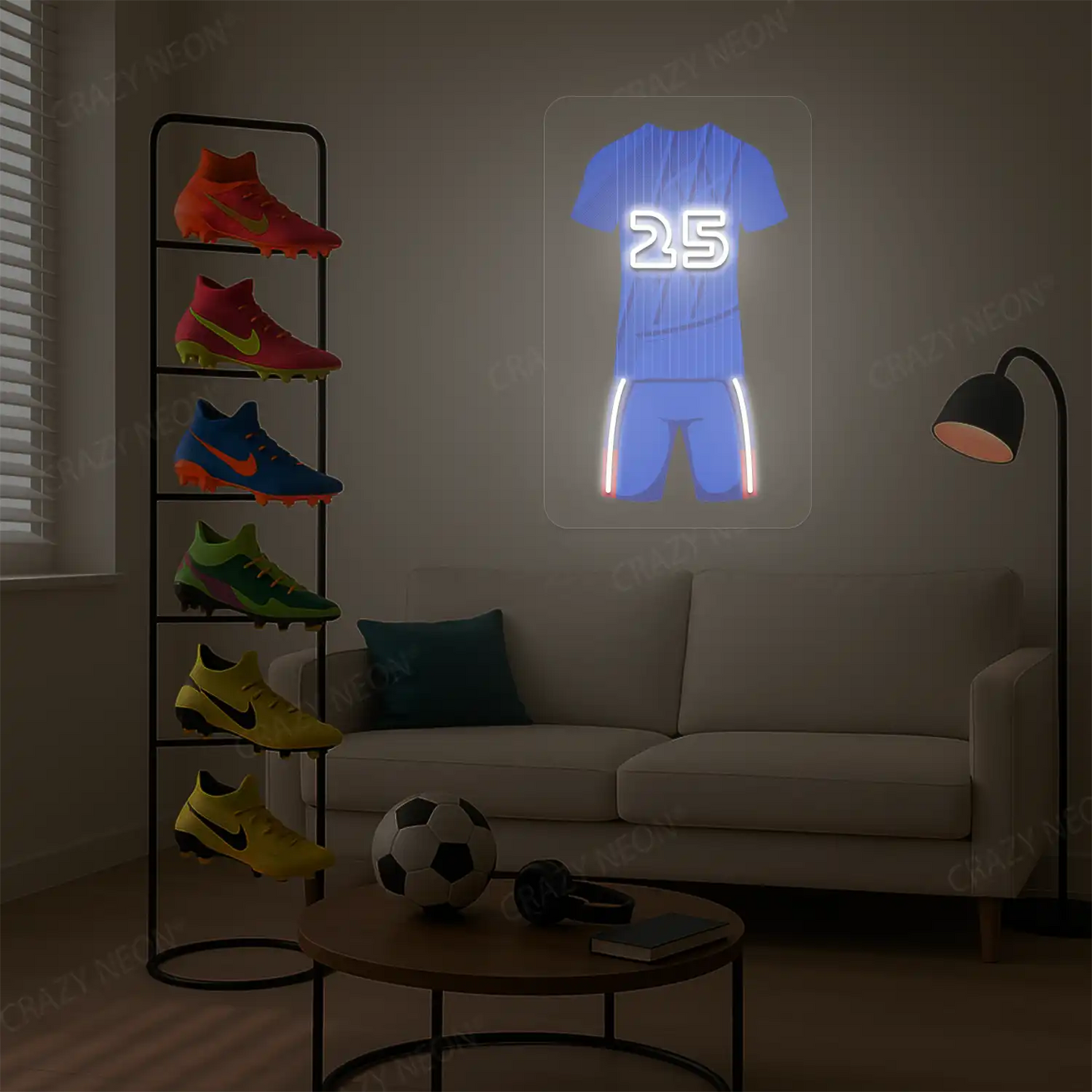 Blue football jersey neon artwork with number 25 glowing on a beige wall