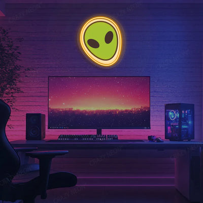 Alien Face Emoji Neon Artwork | Orange