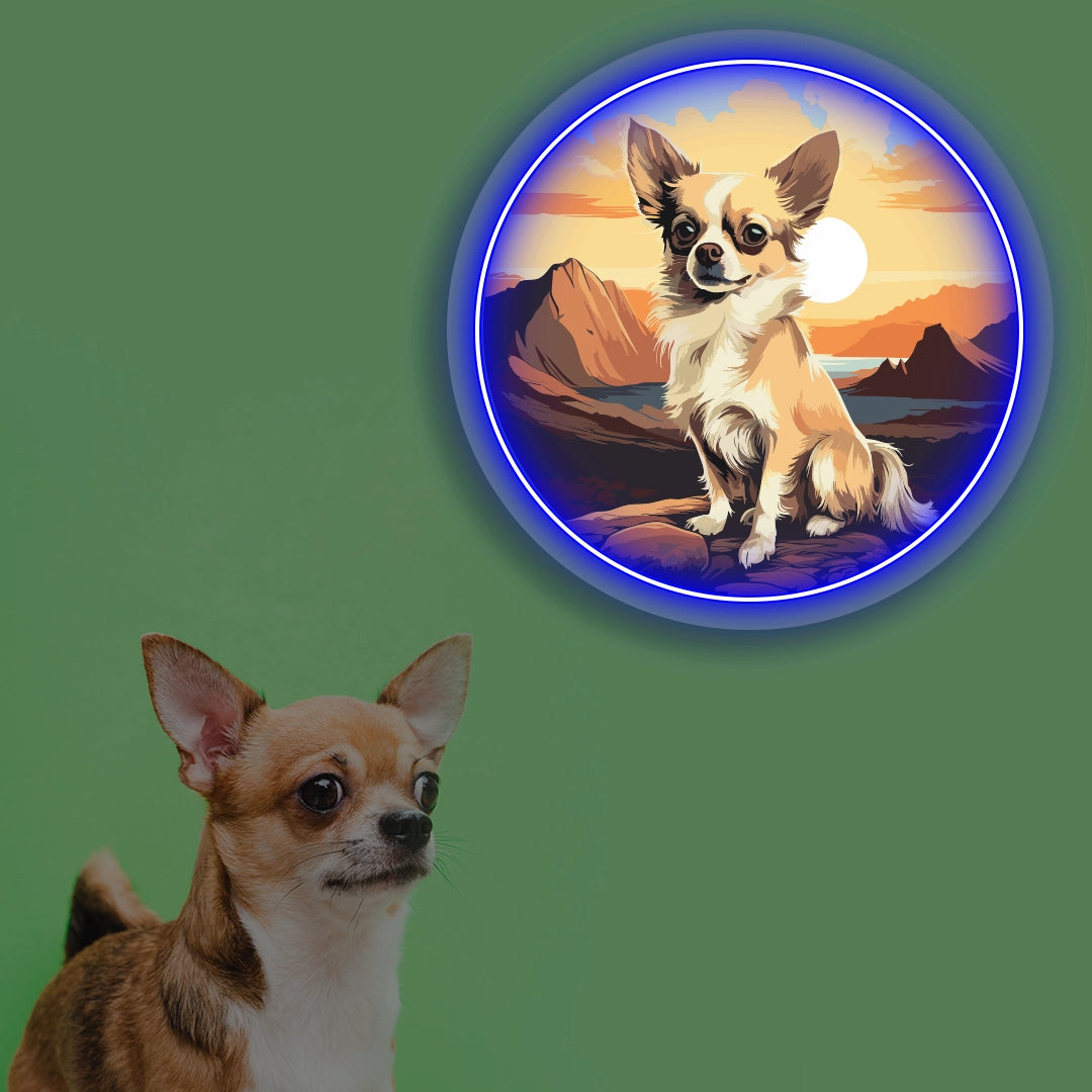 Sunset Canyon Long Coat Chihuahua Neon Artwork in blue color