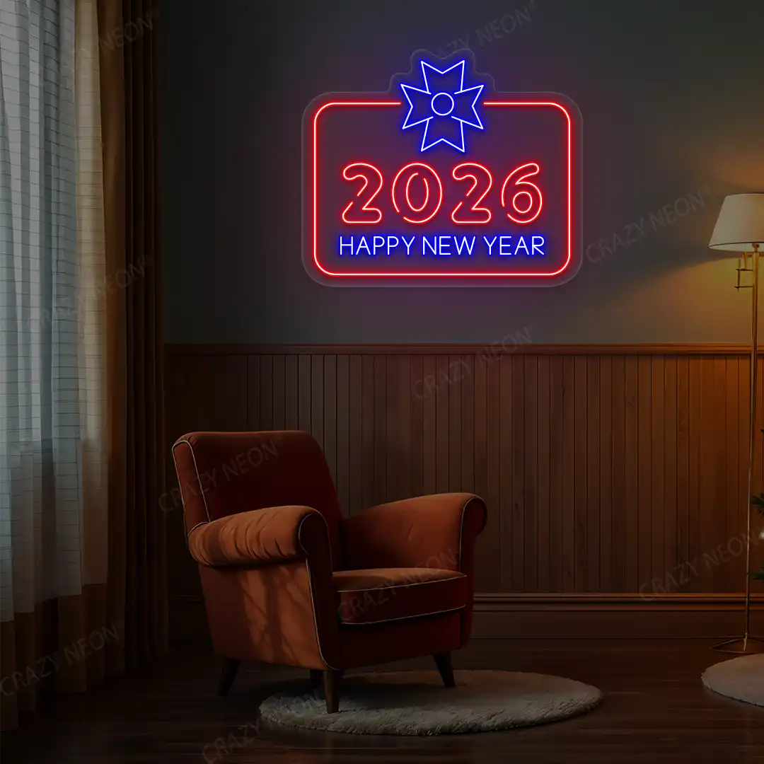 Neon wall sign that reads '2026 Happy New Year' in red and blue lights