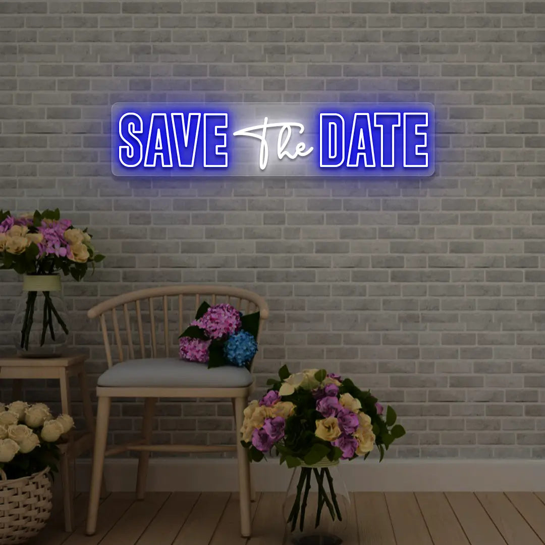 Save The Date Wedding Neon Sign in Blue color