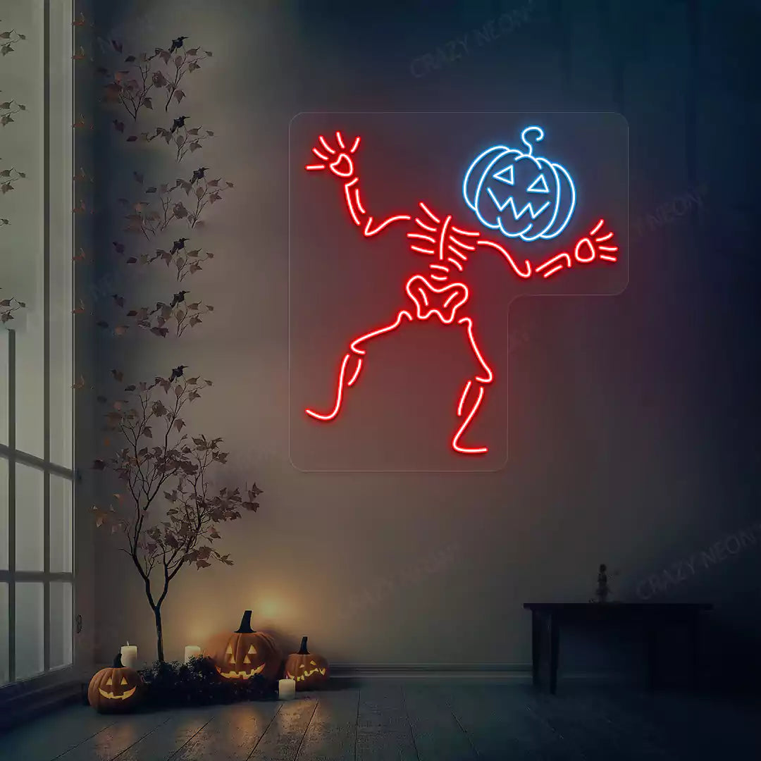 Dancing Pumpkin Skeleton Neon Sign | Red